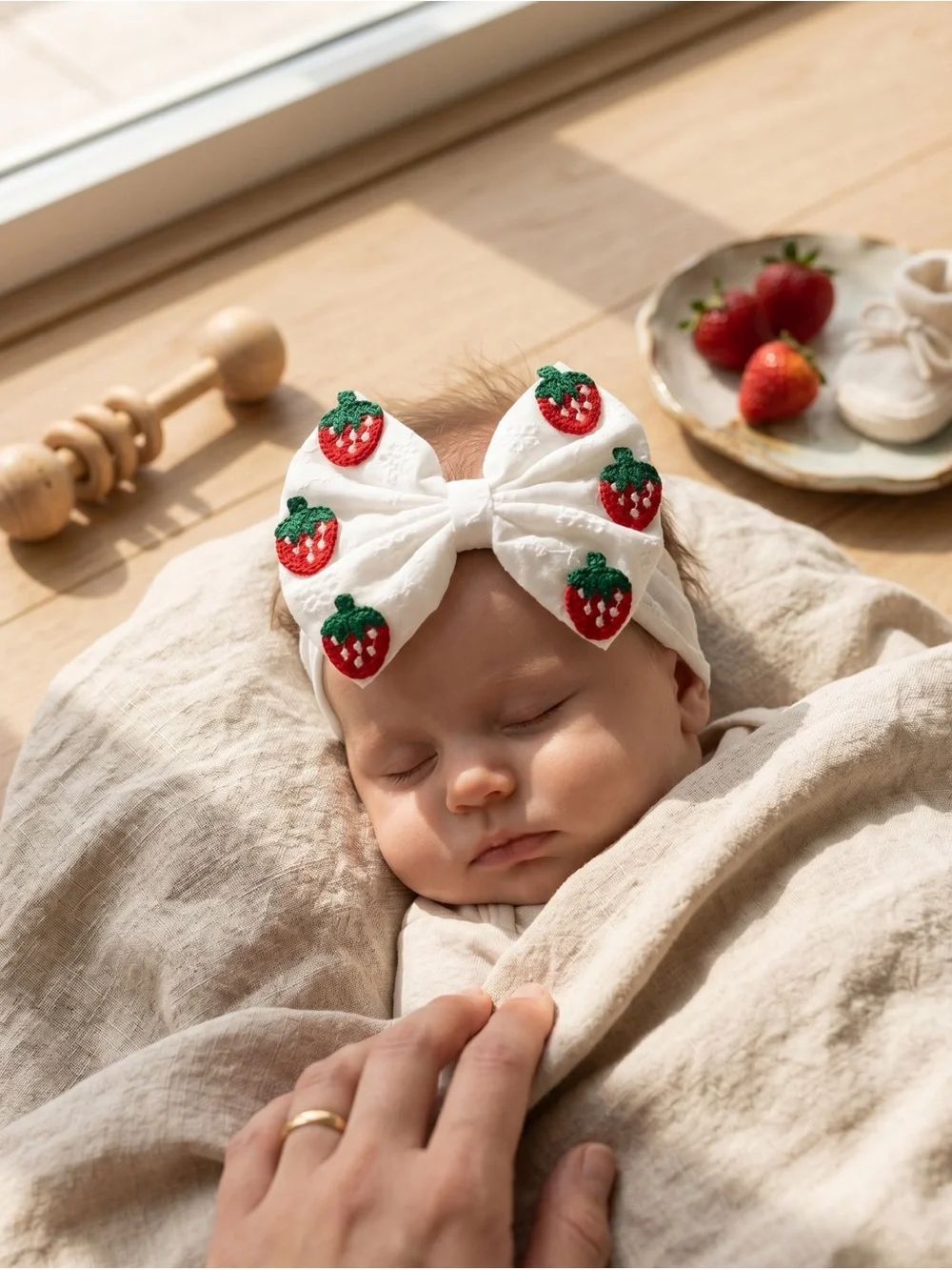 Strawberry Eyelet Lace Baby Bow Headband Newborn Toddler
